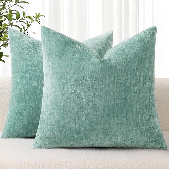 decorUhome Chenille Aqua Haze Spring Throw Pillow Covers 24x24 Inch Set of 2, Decorative Soft Couch Pillow Covers Solid Dyed Accent Farmhouse Neutral Square Pillow Cases for Sofa