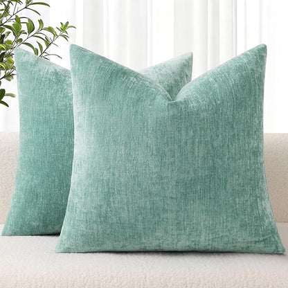 decorUhome Chenille Aqua Haze Spring Throw Pillow Covers 22x22 Inch Set of 2, Decorative Soft Couch Pillow Covers Solid Dyed Accent Farmhouse Neutral Square Pillow Cases for Sofa