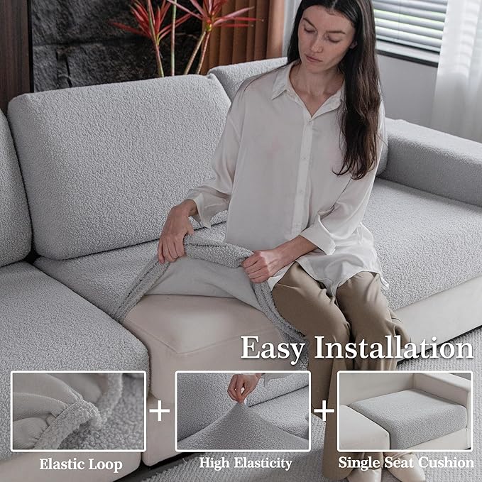 Couch Cushion Covers for Sectional Sofa, Stretch Soft Sofa Slipcovers Washable Wear-Resistant Universal Furniture Protector for Living Room(3 Seaters Covers, Light Gray)