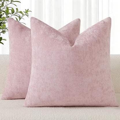 decorUhome Chenille Blush Pink Spring Throw Pillow Covers 16x16 Inch Set of 2, Decorative Soft Couch Pillow Covers Solid Dyed Accent Farmhouse Neutral Square Pillow Cases for Sofa