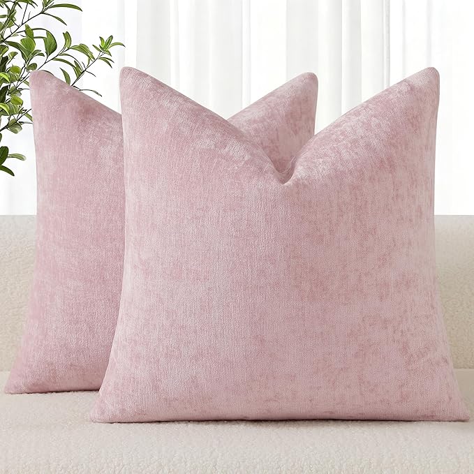 decorUhome Chenille Blush Pink Spring Throw Pillow Covers 20x20 Inch Set of 2, Decorative Soft Couch Pillow Covers Solid Dyed Accent Farmhouse Neutral Square Pillow Cases for Sofa