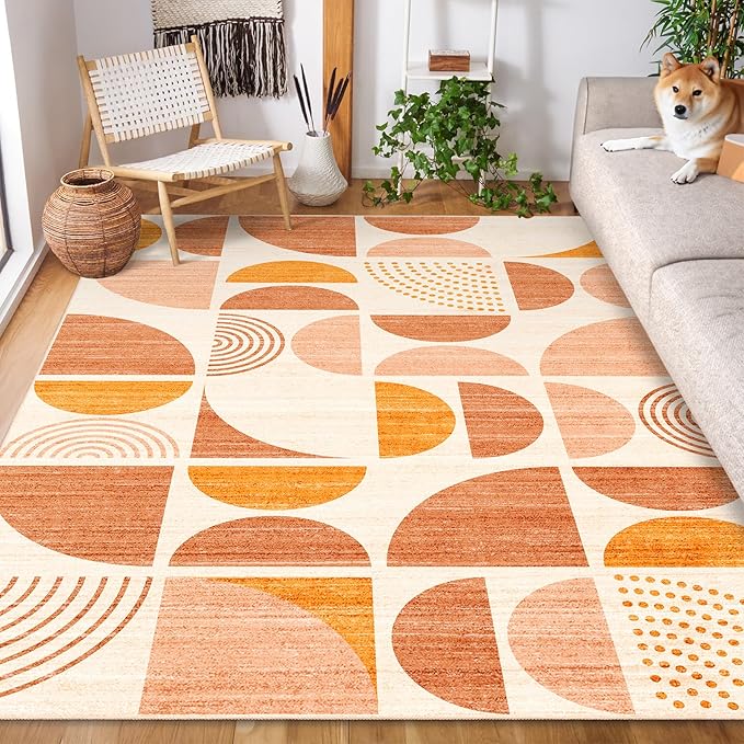 MUJOO 5x7 Area Rugs Boho,Washable Rugs for Living Room Bedroom Dining Room,Large Throw Floor Carpet Non Slip Soft Modern Abstract Bohemian Orange