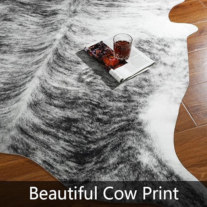 AROGAN Western Decor Faux Fur Cowhide Rug, 3.6 x 2.3 Feet Premium Animal Skin Cow Hide Rug, Sturdy Cow Print Rugs for Wall Decor, Western Floor Carpet for Bedroom Living Room, Black and Grey
