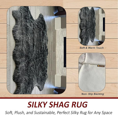 Free Shape Luxury Soft Fluffy Shag Area Rug Single and a Half 2'x4', 60x120cm - Vegan Fur Ultra Soft Indoor Carpet Nursery Rugs for Bedroom Home Decor, Black with White Tips