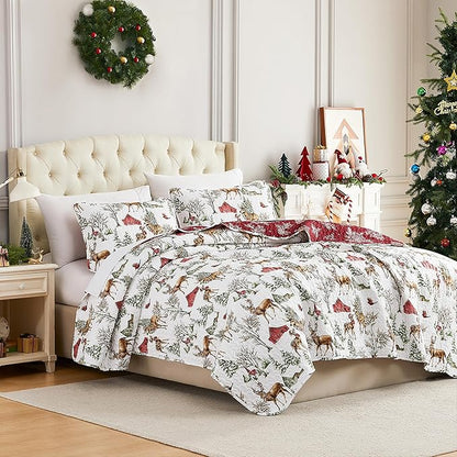 Southshore Fine Living, Inc. Christmas Bedding, Queen Quilt Set with 2 Pillow Shams, Reversible Christmas Quilt Farmhouse Bedding Set, Holiday Coverlet Queen Size/Full Size - White Christmas Theme