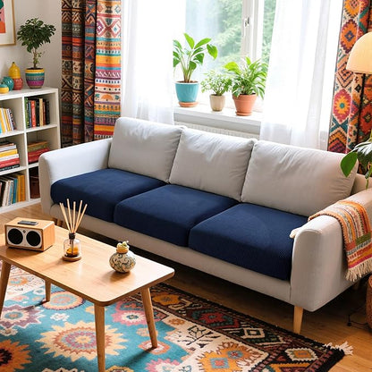 Hokway Stretch Couch Cushion Covers, 3 Piece Individual Sofa Cushion Slipcovers，Jacquard Sofa Seat Slipcover Set, Non-Slip Protector for Cushion (Darkblue,Small-3PC)