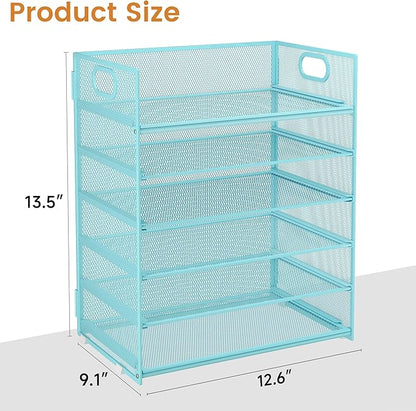Subekyu 6-Tier Desk Paper Organizer, Desktop File Letter Tray with Handle, Document Sorter and Accessories Holder for Office, Home and School Workspace Organizers, Blue-2 Pack