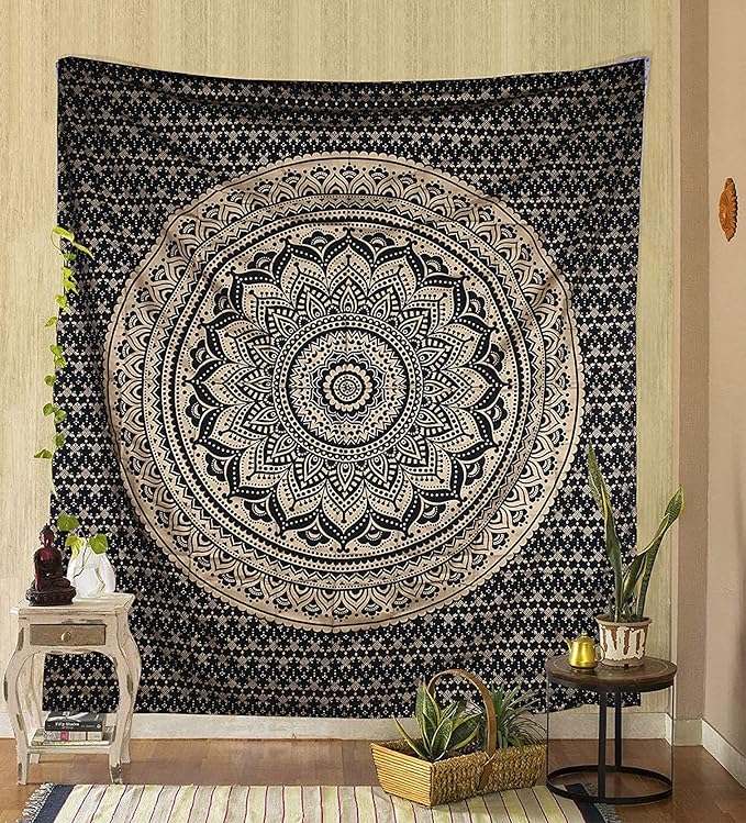 Rajsee Black Gold Mandala Tapestry for Bedroom - Aesthetic Indie Boho Trippy Wall Hanging 82x92 Inches