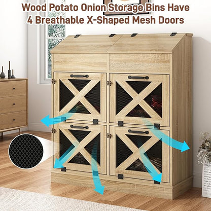 Large Wood Bread Box for Potato,Onion.Veggie Bin W/6 Large Storage Box.Root Vegetable Storage Box For Kitchen,Farmhouse Potato Storage Bin W/4 Mesh Doors,Bread Keeper for Toast,Bagel,Donut,Cookies