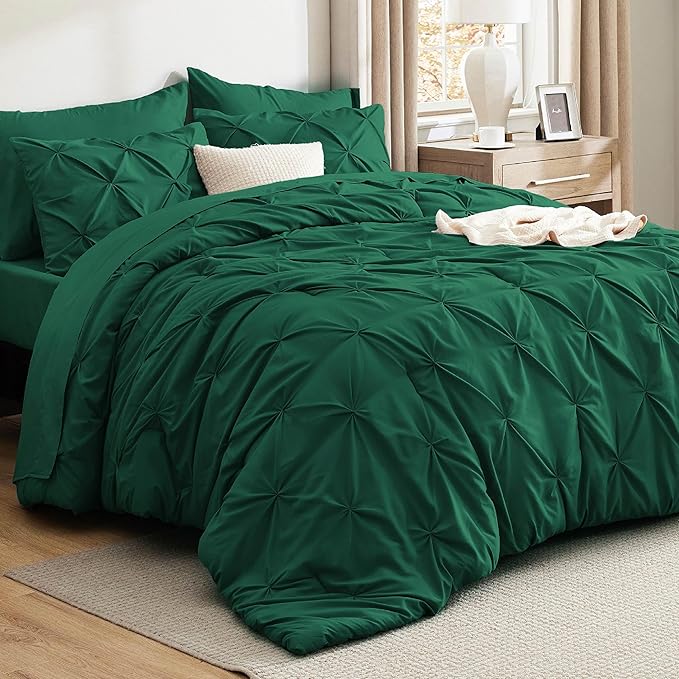Bedsure Twin Comforter Set Dark Green - Bed in a Bag Twin Size 5 Pieces, GentleSoft™ Pintuck Bed Set Gift for Family, Pinch Pleat Dark Green Comforter with Sheets, Pillowcase & Sham