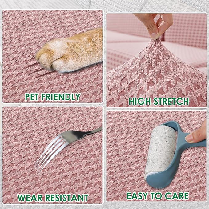 MAXIJIN Couch Cushion Covers for Sectional Sofa, Stretch Sofa Cushion Cover Washable Furniture Protector with Elastic Bottom & Non-Slip Strap for Pets Kids (3PC Seat Cover, Pink)