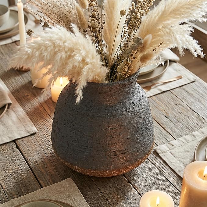 6IN Rustic Farmhouse Ceramic Vase Home Decor, Handmade Vintage Stoneware Clay Pottery Terracotta Textured for Modern Farmhouse, Living Room, Office Desk Table Shelf (Brown and Black)