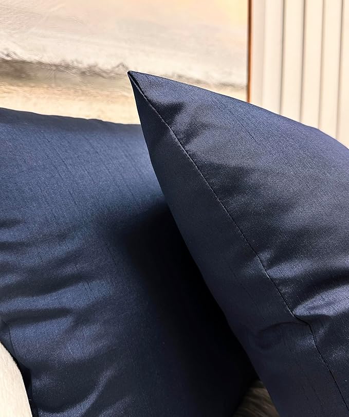Aiking Home 18x18 Inches Faux Silk Square Throw Pillow Cover, Zipper Closure, Navy (Set of 2)