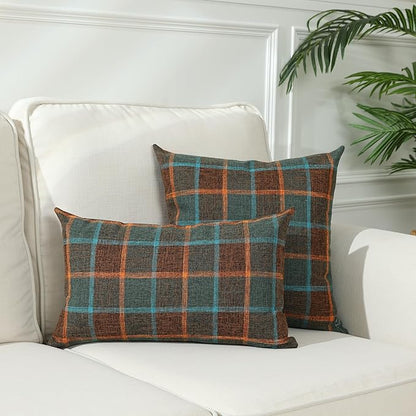 Stellhome Pack of 2 Faux Linen Buffalo Check Throw Pillow Covers, Farmhouse Plaid Decorative Cushion Covers for Couch Sofa Living Room, 24x24 Inch, Blue and Orange