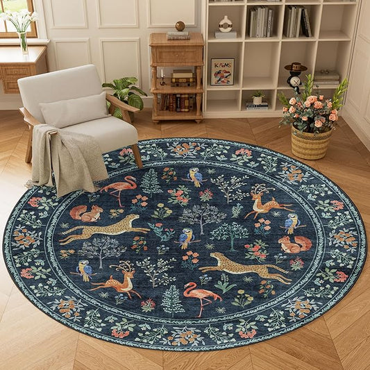 DUKINO 6ft Round Rug for Bedroom, Animal Print Washable Circle Rug with Low Pile Design, Soft Indoor Floor Non Slip Carpet for Entryway, Living Room, Office, Dining Room, Navy Blue