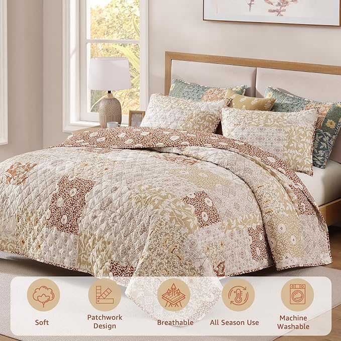 CASAAGUSTO Twin Quilt Set - 2 Pieces Patchwork Terracotta Quilt Bedding Set, Lightweight Twin Bedspread Coverlet, Reversible Floral Bed Cover for All Seasons (66"x92", 1 Quilt + 1 Pillow Sham)