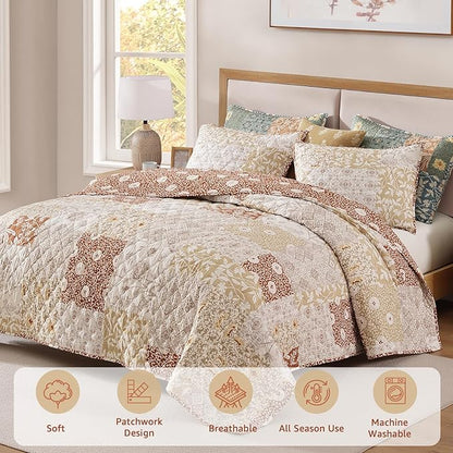 CASAAGUSTO King Size Quilt Set - 3 Pieces Patchwork Terracotta Quilt Bedding Set, Lightweight King Bedspread Coverlet, Reversible Floral Bed Cover for All Seasons (106"x94", 1 Quilt + 2 Pillow Shams)
