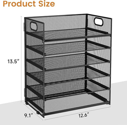 Subekyu 6 Tier Paper File Tray Organizer for Desk, Black Mesh Desk Letter Paper File Folder Accessories Sorter Organizer with Handle, Stackable Slide Tray for Office, Home or School Supplies Storage