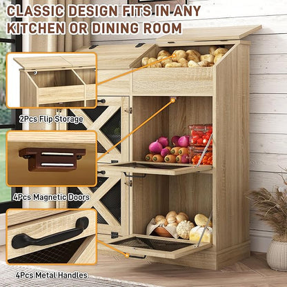 Large Wood Bread Box for Potato,Onion.Veggie Bin W/6 Large Storage Box.Root Vegetable Storage Box For Kitchen,Farmhouse Potato Storage Bin W/4 Mesh Doors,Bread Keeper for Toast,Bagel,Donut,Cookies