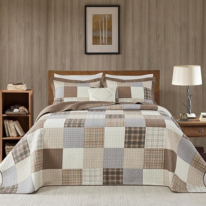 100% Cotton King Bedspread 128"x120", Oversized Quilt Bedspread Coverlet Set, Farmhouse Plaid Patchwork Pattern, Reversible Quilted Bedding Set, 3 Pieces, Khaki/Gray/Brown