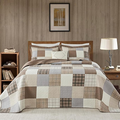 100% Cotton King Bedspread 128"x120", Oversized Quilt Bedspread Coverlet Set, Farmhouse Plaid Patchwork Pattern, Reversible Quilted Bedding Set, 3 Pieces, Khaki/Gray/Brown