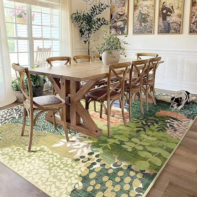 DEXDE Large Area Rugs 9x12 Living Room, Floral Washable Rug Boho Print Vintage Low Pile Non Slip Carpet for Bedroom Kids Room Kitchen Playroom Office Dinning Room,Green
