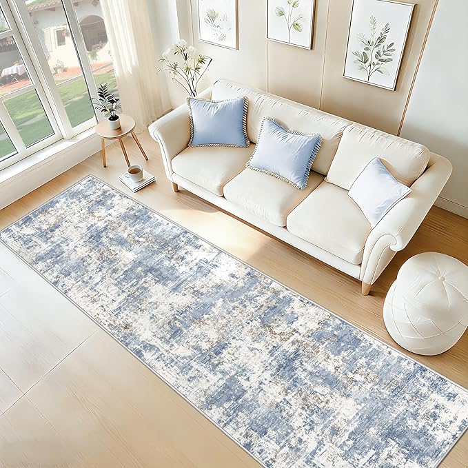 2.6x8 Runner Rug for Hallway, Washable Modern Abstract Runner Rugs Neutral Soft Non Slip Kids Rug Stain Resistant Indoor Runners for Hallways Entryway Bedroom Kitchen Laundry Room(Blue, 2'6''x8')
