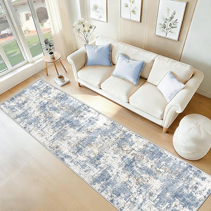 2.6x8 Runner Rug for Hallway, Washable Modern Abstract Runner Rugs Neutral Soft Non Slip Kids Rug Stain Resistant Indoor Runners for Hallways Entryway Bedroom Kitchen Laundry Room(Blue, 2'6''x8')