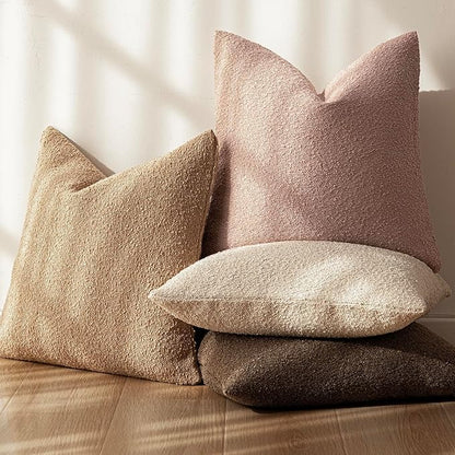 Foindtower Set of 2, Decorative Textured Boucle Throw Pillow Covers Accent Solid Pillow Cases Neutral Soft Cozy Couch Cushion Case for Chair Sofa Bedroom Living Room Home Decor 18 x 18 Inch Light Pink
