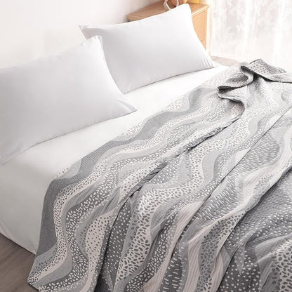 NTBAY 3 Layers Cotton Muslin 68x92 Twin Bed Blanket, Super Soft Breathable Thermal Yarn Dyed Quilt for Adults, Perfect Lightweight Blanket for Couch Sofa Bed All Seasons, Grey Wheat Waves