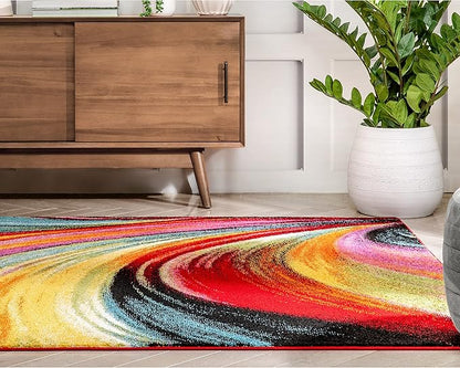 Well Woven Aurora Multi Red Yellow Orange SwirlLines ModernGeometric Abstract Brush Stroke Area Rug(7'10inx9'10in)Easy Clean Stain Fade Resistant Shed Free Contemporary Painting ArtStripe Thick Soft