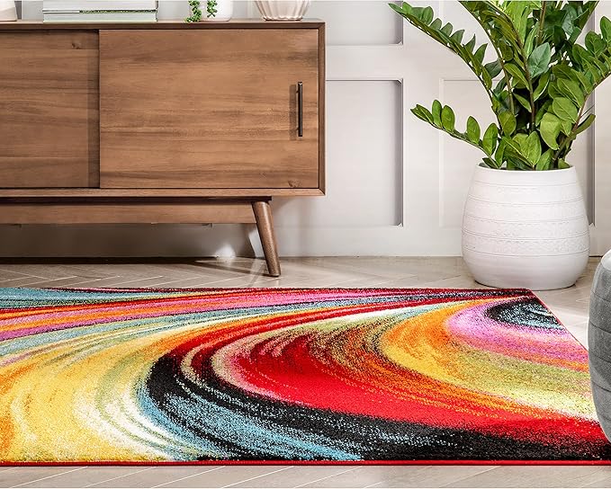 Well Woven Aurora Multi Red Yellow Orange Swirl Lines Modern Geometric Abstract Brush Stroke Area Rug(5'3inx7'3in)Easy Clean Stain Resistant Shed Free Contemporary Painting ArtStripe Thick Soft Plush