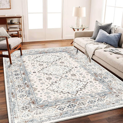 Washable Area Rug 8x10 Retro Flowers Boho Design Non-Shedding Easy Care Ideal for High Traffic Areas in Living Room Bedroom Office Coffee Table Kitchen Large Carpet