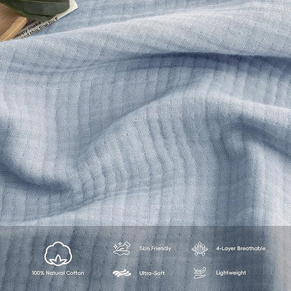 FOSSA Muslin Blanket with Fringe - 4-Layer 100% Cotton Gauze Super Soft & Breathable Throw -Lightweight Decorative Cooling Blanket for Bed, Sofa, Office (Cornflower Blue, Queen (90" × 90"))