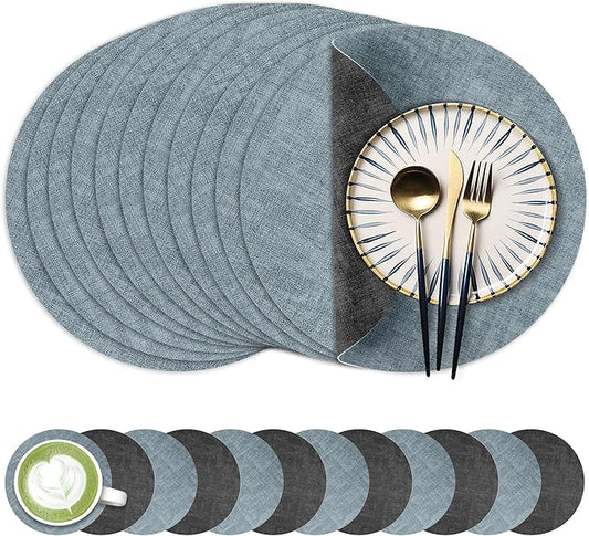 13-Inch Faux Leather Round Placemats Set of 12, Waterproof Anti-Slip Dual Sided Place mats, Heat Resistant Washable Table Mats with Coaster, Suitable for Indoor & Outdoor (12, Black Light Blue)