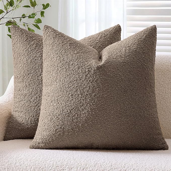ANRODUO Pack of 2 Textured Boucle Throw Pillow Covers Soft Brown Decorative Accent Solid Pillow Cases Cozy Modern Couch Cushion Case for Chair Sofa Bedroom Living Room Home Decor, 20 x 20 Inch