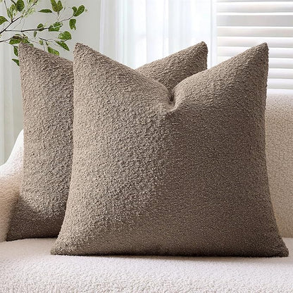 ANRODUO Pack of 2 Textured Boucle Throw Pillow Covers Soft Brown Decorative Accent Solid Pillow Cases Cozy Modern Couch Cushion Case for Chair Sofa Bedroom Living Room Home Decor, 20 x 20 Inch