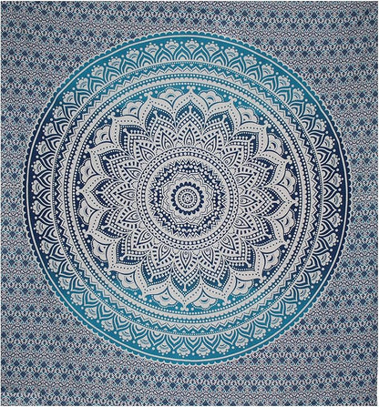 raajsee Large Blue Ombre Mandala Tapestry Wall Hanging,Indian Cotton Beach Throw Blanket Hippie Bohemian Elephant Queen Boho Décor,Meditation Yoga Mat Rugs,82x92 inches