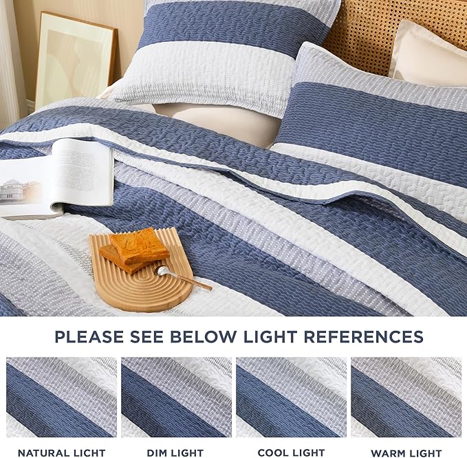 Litanika Oversized King Quilt Set Mineral Blue, 120x98 Stripe Bedspread Coverlet 3 Pieces, Mineral Blue Lightweight Quilted Bedding Set for All Season(Oversized King-1 Quilt, 2 Pillowcases)