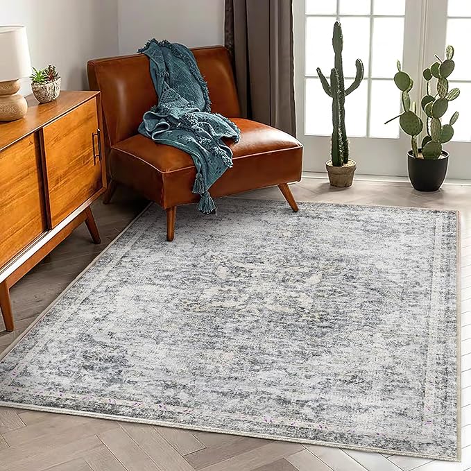 Area Rug 6'x9' Washable Vintage Traditional Floor Cover Thin Retro Kitchen Indoor Distressed Non Slip Carpet for Living Room Bedroom Dining Room