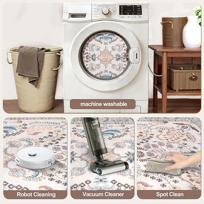 Tangsoo 5x7 Washable Area Rug, Non Slip Boho Floral Rug for Living Room Bedroom, Vintage Neutral Soft Low Pile Floor Indoor Carpet for Bathroom Office Laundry Kid & Pets Friendly Home Decor
