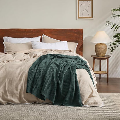 Bedsure Gentlesoft 100% Cotton Blanket King Size for Bed - Breathable and Soft, Thick Cozy Waffle Weave Christmas Blanket Gift for Women, Dark Green, 104x90 inches