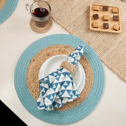 Chardin home Round Verona Woven Jute & Cotton Braided PLACEMAT (Set of 4), Size -15” Round, Color - Natural Jute with Aqua Blue Border.