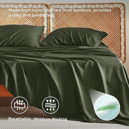 Bedsure King Size Sheets Set, Cooling Sheets for Hot Sleepers, Rayon Derived from Bamboo, Breathable & Soft, Deep Pocket Up to 16 Inches, Hotel Luxury Silky Bedding, Olive Green