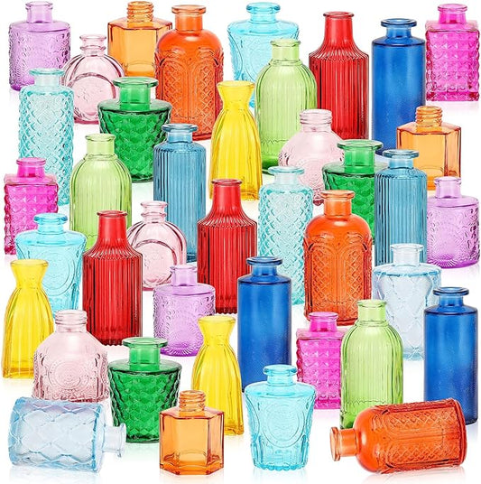 Yaomiao 60 Pcs Vases Bulk Colored Flower Glass Christmas Vases Bud Vintage Colored Glass Bottles Colorful Rustic Embossed for Home Wedding Table Decorations Gifts(Vivid Color)