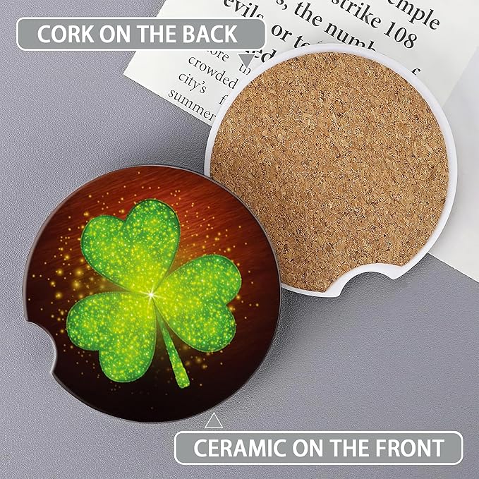 Green Clover Glitter Car Cup Holder Coaster,St. Patrick Day Car Coasters for Cup Holder,2 PCS Absorbent Insert Ceramic Car Assecories with Cork Back & Finger Notch for Women Men
