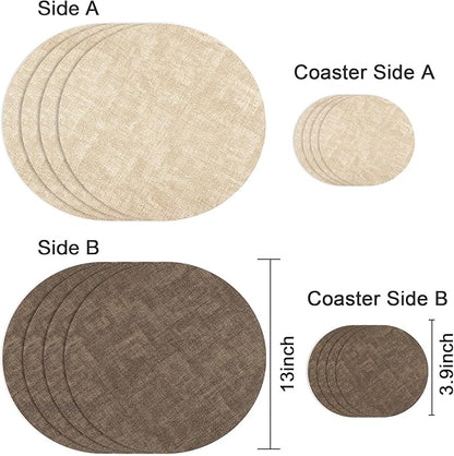13-Inch Faux Leather Round Placemats Set of 4, Waterproof Anti-Slip Dual Sided Place mats, Heat Resistant Washable Table Mats with Coaster, Suitable for Indoor & Outdoor(4, Beige Dark Coffee)