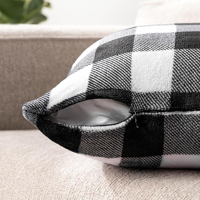 PAVILIA Checker Plaid Throw Pillow Covers 18x18 Set of 2, Decorative Pillow Cases Bed Sofa Couch, Boho Aesthetic Accent Decor Cushion Bedroom Living Room, Velvet Square Euro Sham Covers, Black White
