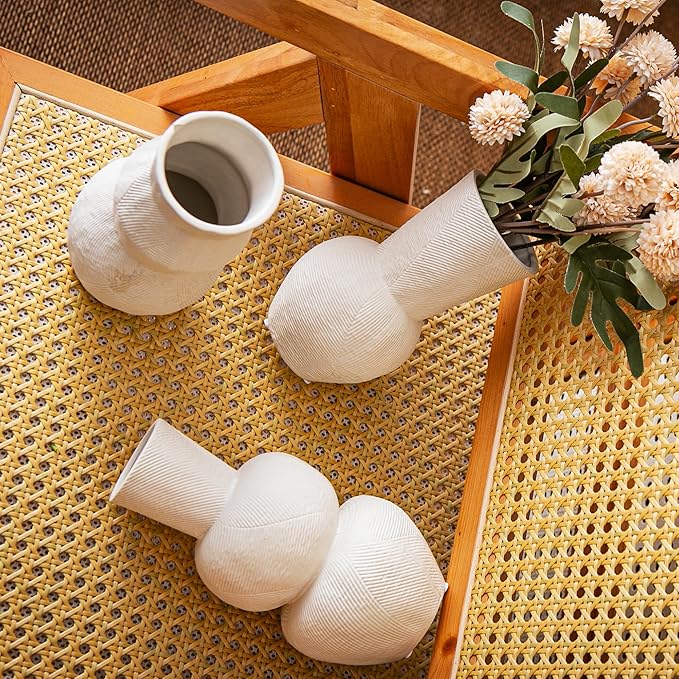 White Textured Ceramic Vase Set of 3 – Modern Decorative Pottery Vases for Boho and Farmhouse Home Decor, Minimalist Flower Vases for Living Room, Shelf, Mantel or Table Display