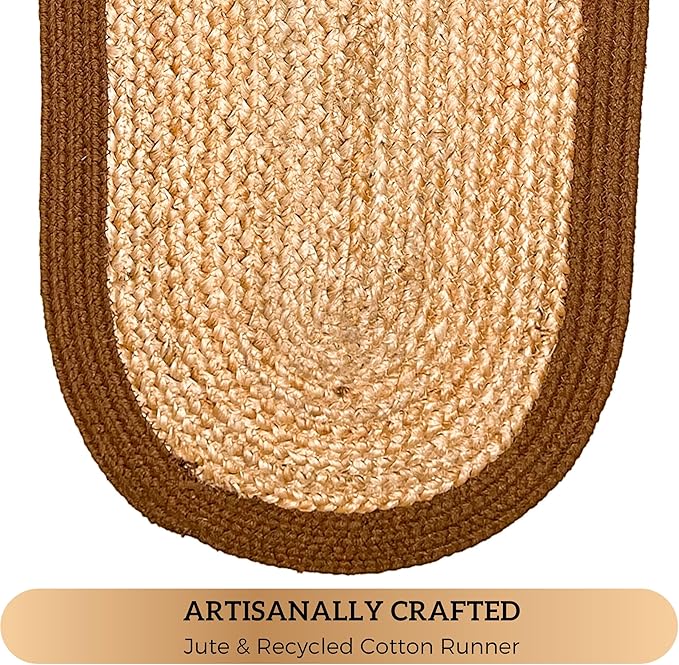 CHARDIN HOME Verona Oval Woven Jute & Cotton Braided Table Runner, Size -13 x 36 Inches, Color - Natural Jute with Brown Border